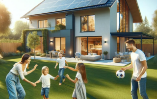 How adding renewable energy can benefit your home photo of a family playing soccer in front of their home with solar panels installed on roof
