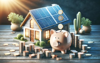 Image of a house with solar array on roof and a large pig surrounded by stacks of coins to represent savings