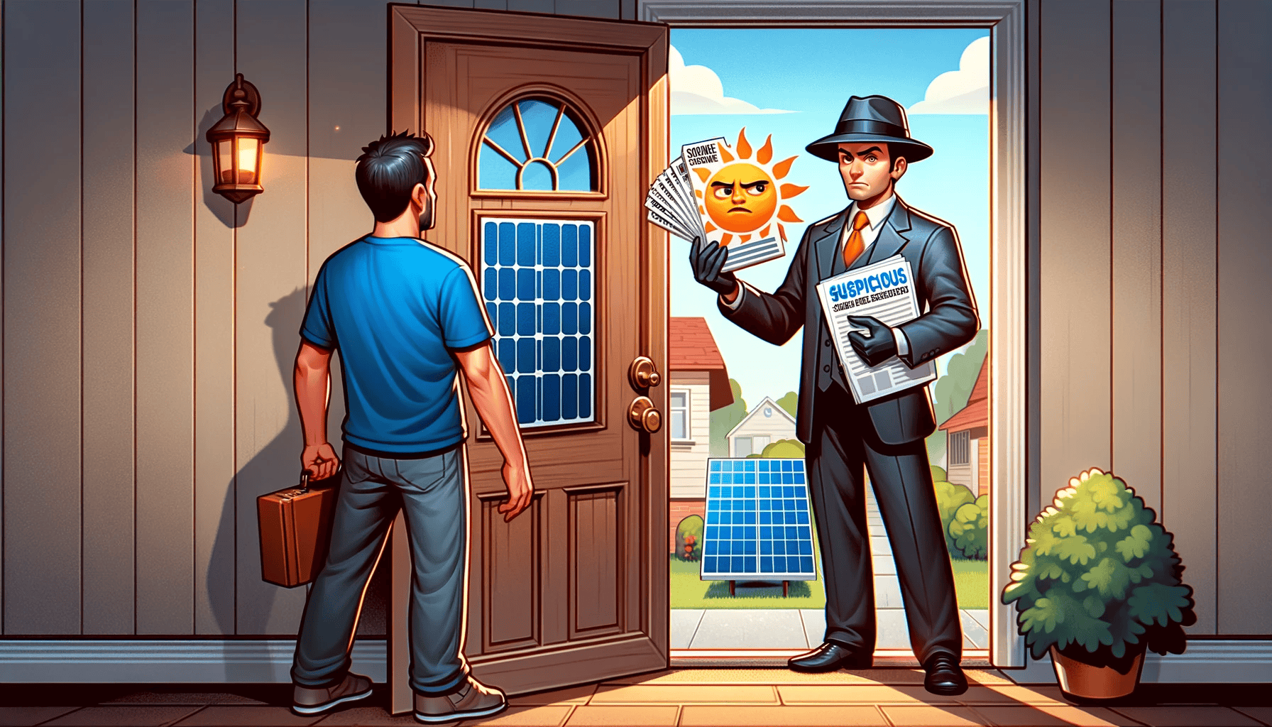 A person standing at their front door is talking to a suspicious-looking salesman holding solar-related materials, with solar panels visible in the background.